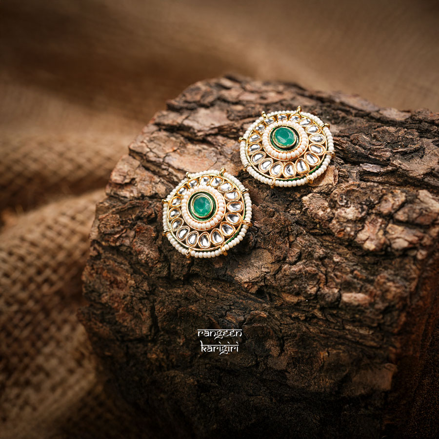 Circular Kundan Stud Earrings KE-03G Circular Kundan Stud Earrings KE-03G, Women Kundan Earrings