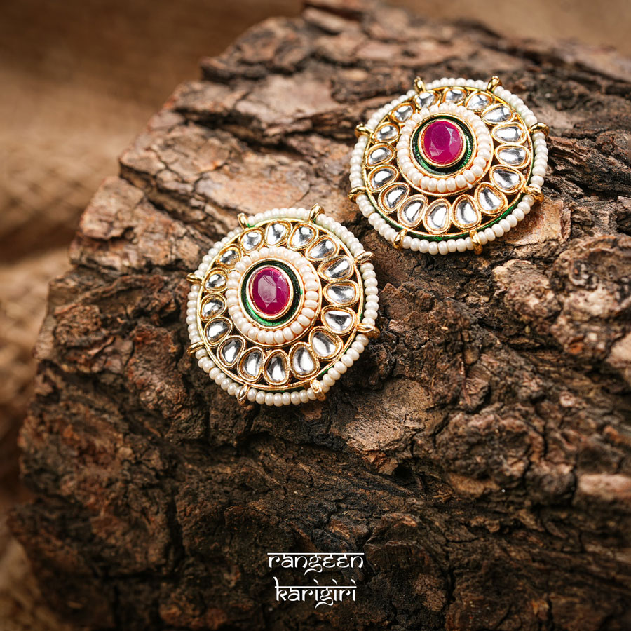 Circular Kundan Stud Earrings KE-03MAG Circular Kundan Stud Earrings KE-03MAG, Women Kundan Earrings