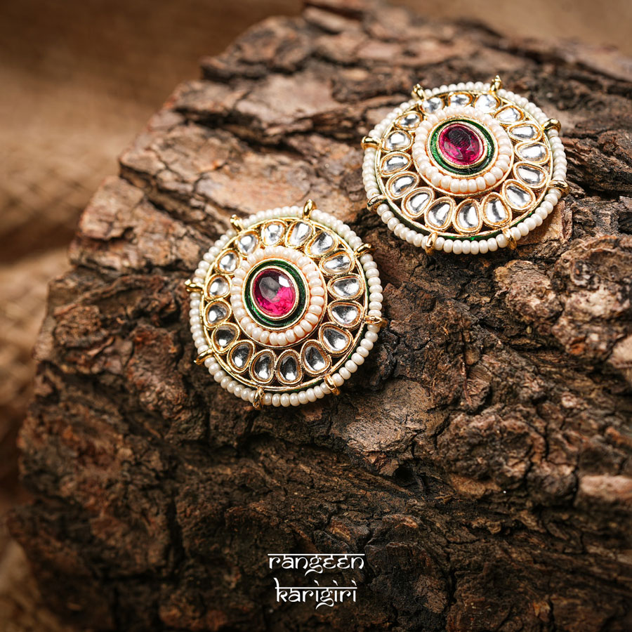 Circular Kundan Stud Earrings KE-03P Circular Kundan Stud Earrings KE-03P, Women Kundan Earrings