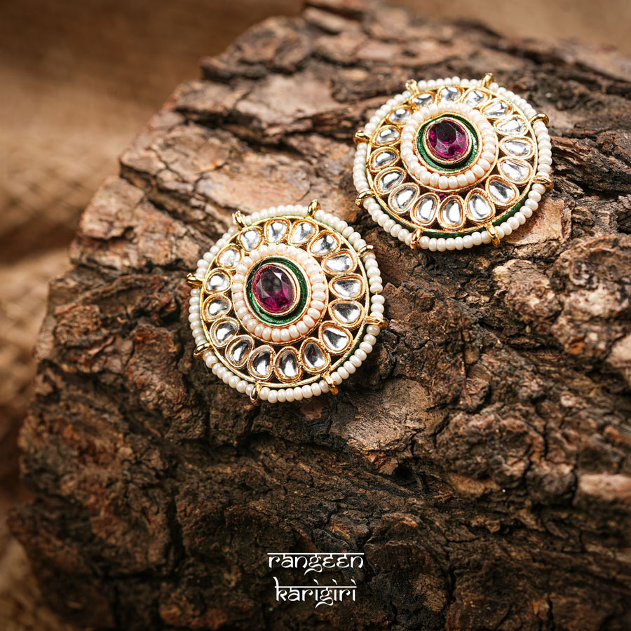 Circular Kundan Stud Earrings KE-03PU Circular Kundan Stud Earrings KE-03PU, Women Kundan Earrings
