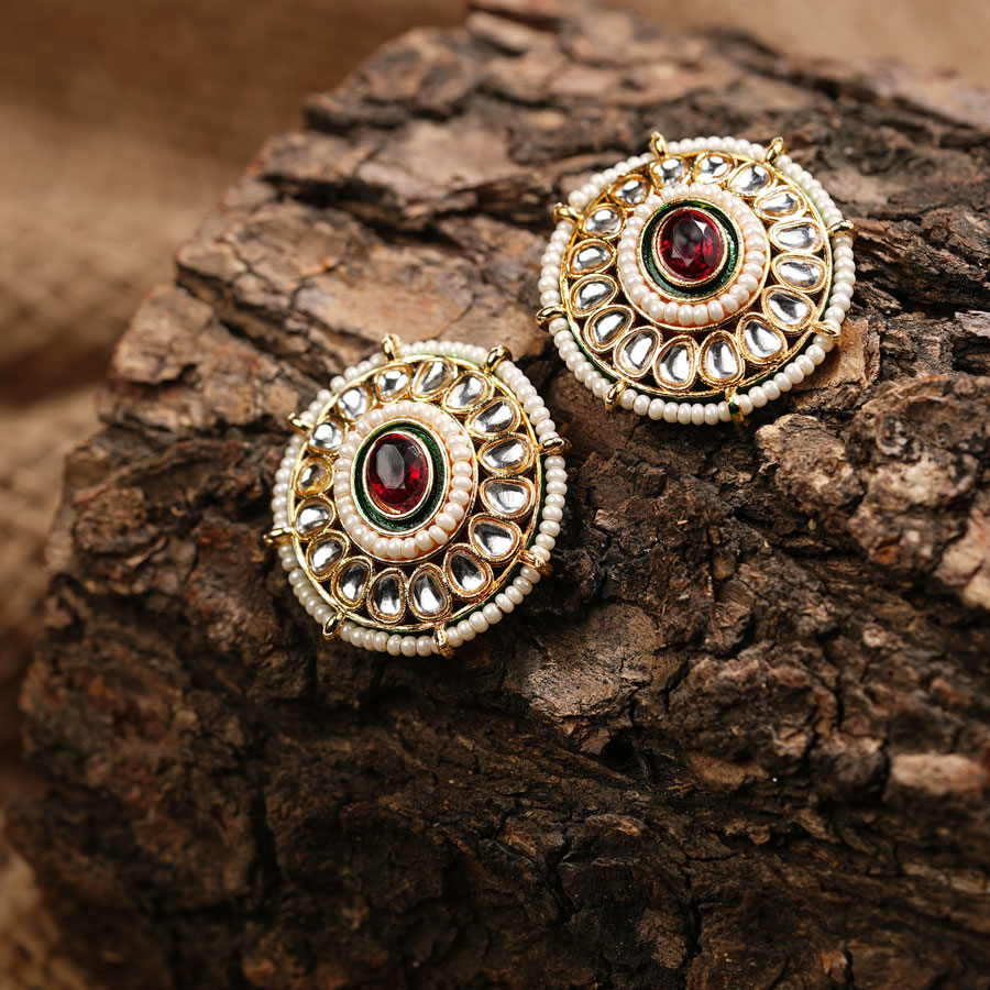 Circular Kundan Stud Earrings KE-03R Circular Kundan Stud Earrings KE-03R, Women Kundan Earrings