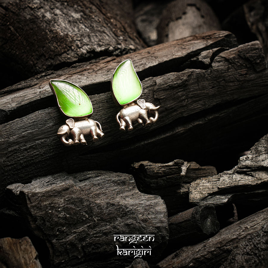 Elephant Stone Studded Oxidised Stud Earrings OE-09LG, Women Oxidised Earrings