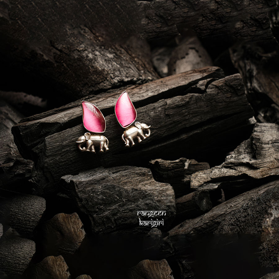 Elephant Stone Studded Oxidised Stud Earrings OE-09PU, Women Oxidised Earrings