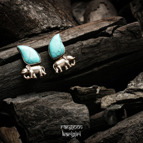 Elephant Stone Studded Oxidised Stud Earrings OE-09TU, Women Oxidised Earrings