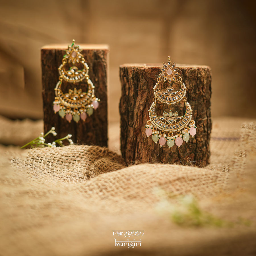 Kundan Chandbaali Earrings KE-07LPG, Women Kundan Earrings