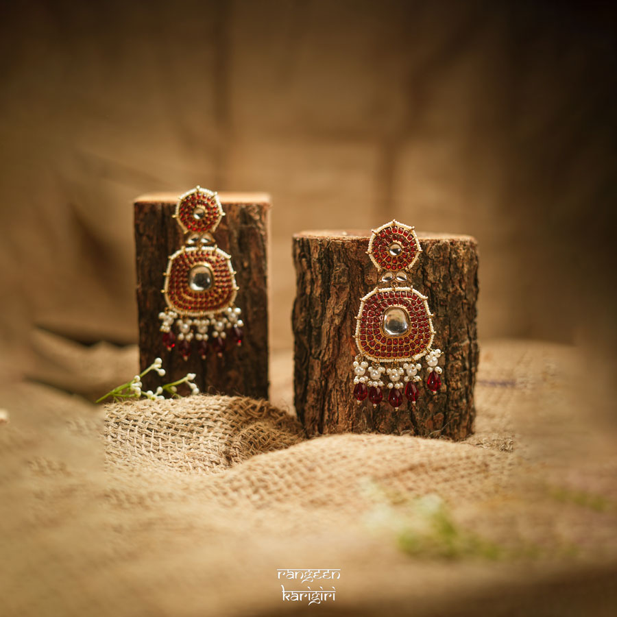 Kundan Pearl Earrings KE-08R, Women Kundan Earrings