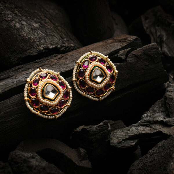 Oval Kundan Stud Earrings KE-04PU, Women Kundan Earrings