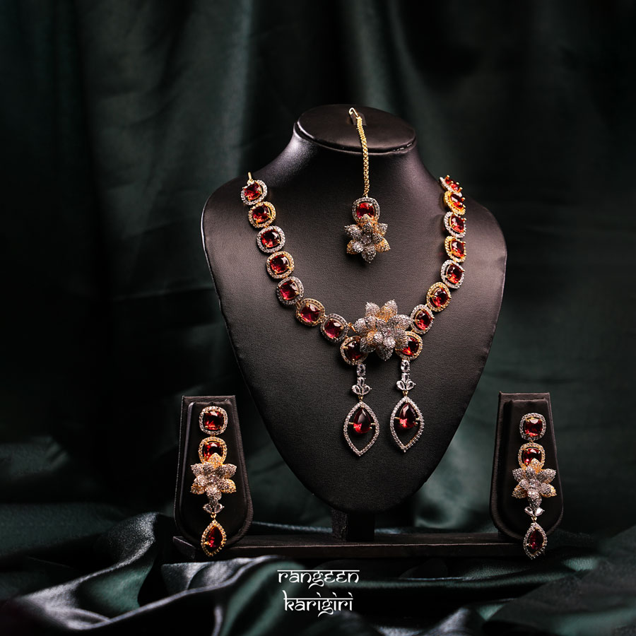 Stardust Bloom American Diamond Necklace Set NAD-14P, American Diamond Necklace Set